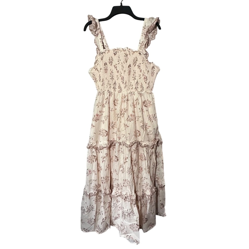 Haute Hippie Style‎ Floral Smocked Tiered Midi Dress Cream Size 12 Cotton Boho